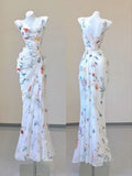 Niulatu Mermaid Straps Chiffon Floral Evening Gowns Long Prom Dresses SD1825