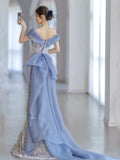 Niulatu Mermaid Off The Shoulder Blue Sequin Long Party Dress Prom Dresses SD1826
