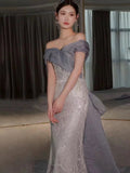 Niulatu Mermaid Off The Shoulder Blue Sequin Long Party Dress Prom Dresses SD1826
