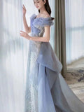 Niulatu Mermaid Off The Shoulder Blue Sequin Long Party Dress Prom Dresses SD1826