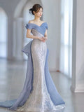 Niulatu Mermaid Off The Shoulder Blue Sequin Long Party Dress Prom Dresses SD1826