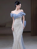 Niulatu Mermaid Off The Shoulder Blue Sequin Long Party Dress Prom Dresses SD1826