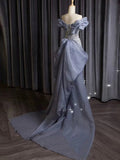 Niulatu Mermaid Off The Shoulder Blue Sequin Long Party Dress Prom Dresses SD1826