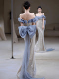 Niulatu Mermaid Off The Shoulder Blue Sequin Long Party Dress Prom Dresses SD1826