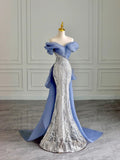 Niulatu Mermaid Off The Shoulder Blue Sequin Long Party Dress Prom Dresses SD1826