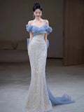 Niulatu Mermaid Off The Shoulder Blue Sequin Long Party Dress Prom Dresses SD1826