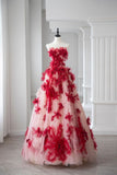 Niulatu Ball Gown Strapless Red Tulle Floral Long Evening Gowns Prom Dresses SD1829