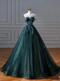 Niulatu Ball Gown Strapless Green Tulle Long Evening Gowns Prom Dresses SD1830