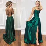 Niulatu A Line Halter Dark Green Satin Long Evening Gowns Prom Dresses SD1832