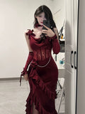 Niulatu Mermaid Straps Burgundy Velvet Long Evening Gowns Prom Dresses SD1833