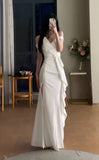 Niulatu Mermaid Strapless White Satin Long Evening Gowns Prom Dresses SD1834