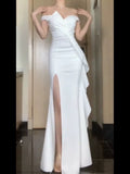 Niulatu Mermaid Strapless White Satin Long Evening Gowns Prom Dresses SD1834