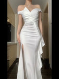 Niulatu Mermaid Strapless White Satin Long Evening Gowns Prom Dresses SD1834