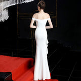 Niulatu Mermaid Strapless White Satin Long Evening Gowns Prom Dresses SD1834