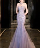 Niulatu Mermaid High Neckline Tulle Lilac Beads Long Party Dress Prom Dresses SD1839