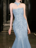 Niulatu Mermaid High Neckline Tulle Blue Beads Long Party Dress Prom Dresses SD1838