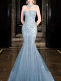 Niulatu Mermaid High Neckline Tulle Blue Beads Long Party Dress Prom Dresses SD1838