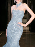 Niulatu Mermaid High Neckline Tulle Blue Beads Long Party Dress Prom Dresses SD1838
