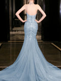 Niulatu Mermaid High Neckline Tulle Blue Beads Long Party Dress Prom Dresses SD1838