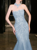 Niulatu Mermaid High Neckline Tulle Blue Beads Long Party Dress Prom Dresses SD1838