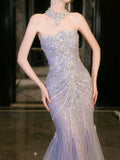 Niulatu Mermaid High Neckline Tulle Lilac Beads Long Party Dress Prom Dresses SD1839