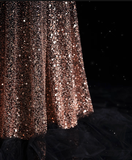 Niulatu A line Spaghetti Straps Sequin Brown Long Evening Dress Prom Dresses SD1839