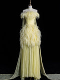 Niulatu A line Off The Shoulder Yellow Chiffon Party Dress Long Prom Dress Evening Dresses SD1840