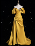 Niulatu A line Off The Shoulder Yellow Satin Party Dress Long Prom Dress Evening Dresses SD1848