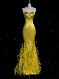 Niulatu Mermaid Strapless Yellow Satin Party Dress Long Prom Dress Evening Dresses SD1849