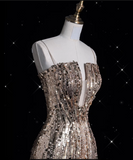 Niulatu A line Spaghetti Straps Sequin Long Evening Dress Prom Dresses SD1850