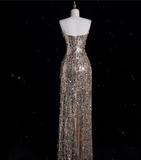 Niulatu A line Spaghetti Straps Sequin Long Evening Dress Prom Dresses SD1850