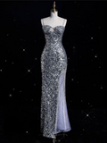 Niulatu Sheath Spaghetti Straps Sequin Silver Long Evening Dress Prom Dresses SD1851