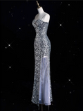 Niulatu Sheath Spaghetti Straps Sequin Silver Long Evening Dress Prom Dresses SD1851
