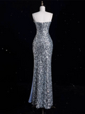 Niulatu Sheath Spaghetti Straps Sequin Silver Long Evening Dress Prom Dresses SD1851