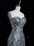 Niulatu Sheath Spaghetti Straps Sequin Silver Long Evening Dress Prom Dresses SD1851