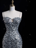 Niulatu Sheath Spaghetti Straps Sequin Silver Long Evening Dress Prom Dresses SD1851