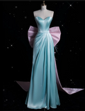 Niulatu A Line Sweetheart Blue Satin Party Dress Long Prom Dress Evening Dresses SD1853