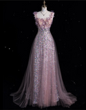 Niulatu A Line Straps Sequin Pink Party Dress Long Prom Dress Evening Dresses SD1855