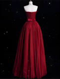 Niulatu A Line Strapless Burgundy Party Dress Long Prom Dress Evening Dresses SD1856