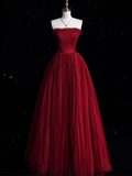 Niulatu A Line Strapless Burgundy Party Dress Long Prom Dress Evening Dresses SD1856