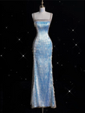 Niulatu Mermaid Straps Sequin Blue Party Dress Long Prom Dress Evening Dresses With Tassel SD1857
