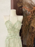 Niulatu A line Halter Ruffled Sage Green Long Women's Vacation Holiday Dresses SD185
