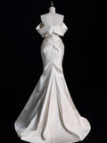 Niulatu Mermaid Off The Shoulder Ivory Satin Long Wedding Dresses Brides Dress SD1861