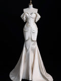Niulatu Mermaid Off The Shoulder Ivory Satin Long Wedding Dresses Brides Dress SD1861