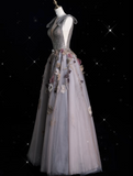 Niulatu Ball Gown V Neckline Gray Tulle Floral Long Evening Gowns Prom Dresses SD1862