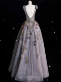 Niulatu Ball Gown V Neckline Gray Tulle Floral Long Evening Gowns Prom Dresses SD1862