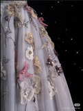 Niulatu Ball Gown V Neckline Gray Tulle Floral Long Evening Gowns Prom Dresses SD1862