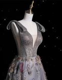 Niulatu Ball Gown V Neckline Gray Tulle Floral Long Evening Gowns Prom Dresses SD1862