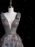 Niulatu Ball Gown V Neckline Gray Tulle Floral Long Evening Gowns Prom Dresses SD1862