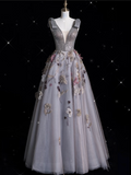 Niulatu Ball Gown V Neckline Gray Tulle Floral Long Evening Gowns Prom Dresses SD1862